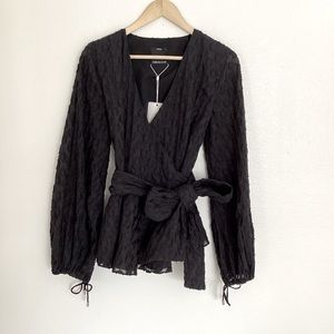 NEW C / MEO Collective Praises Long Sleeve Wrap Top in Black Size Large